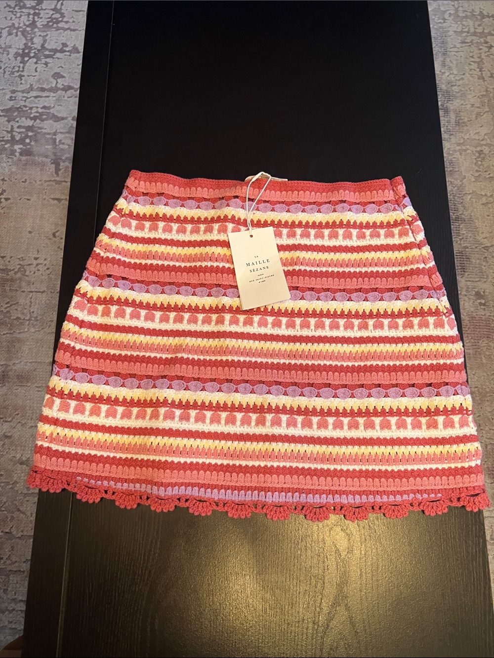 Sézane Pink, Coral & Yellow Crochet Mini Skirt